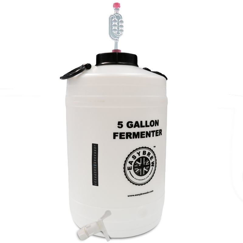 EasyBrew UK 25L Wide Neck Fermenter bored with tap, thermometer and bored lid with bung and airlock.