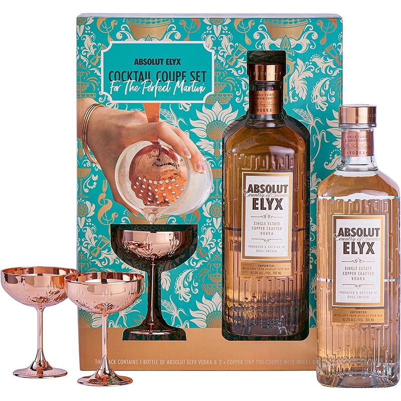 Absolut Elyx Vodka Mini Martini Coupe Gift Set with 2 Mini Martini Copper Glasses 70cl