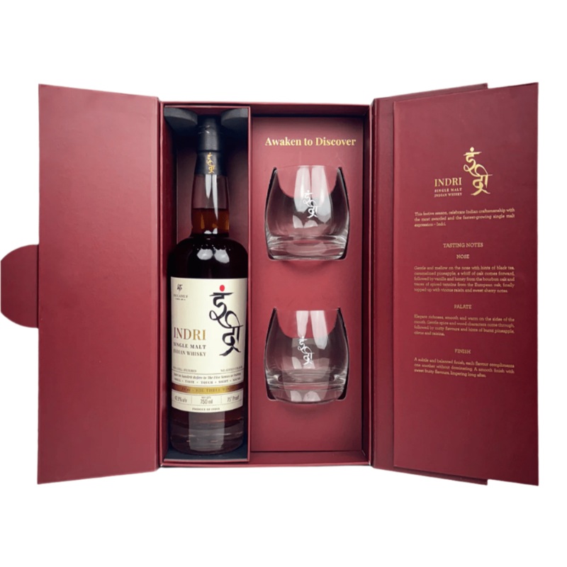 Indri Trini Three Wood Single Malt Indian Whisky Gift Set 70cl