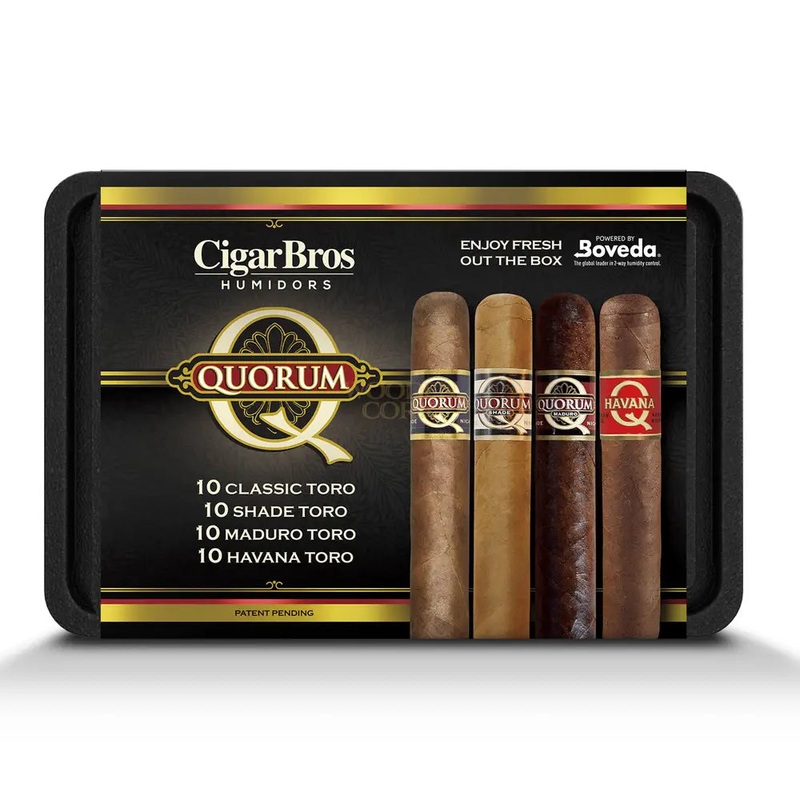 Quorum Premium Cigars Set + Personal Humidor by CigarBros 10x Classic + 10x Shade + 10x Maduro + 10x Havana