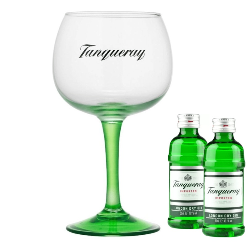 Tanqueray Branded Glass & Export Strength London Dry Gin Miniatures 2x5cl